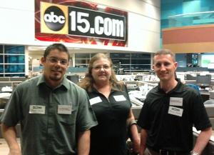 L-R CyberScout Fraud Specialists Mark Fullbright, Vicki Volkert and Raul Vargas on the set of ABC15.